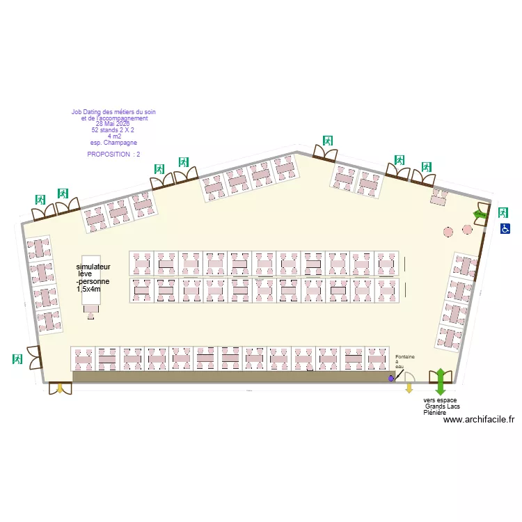Job Dating des m&eacute;tiers du soin  et de l'accompagnement 28 Mai 2026  52 stands 2 X 2   4 m2 esp. Champagne  PROPOSITION  : 2. Plan de 1  et 584 m²