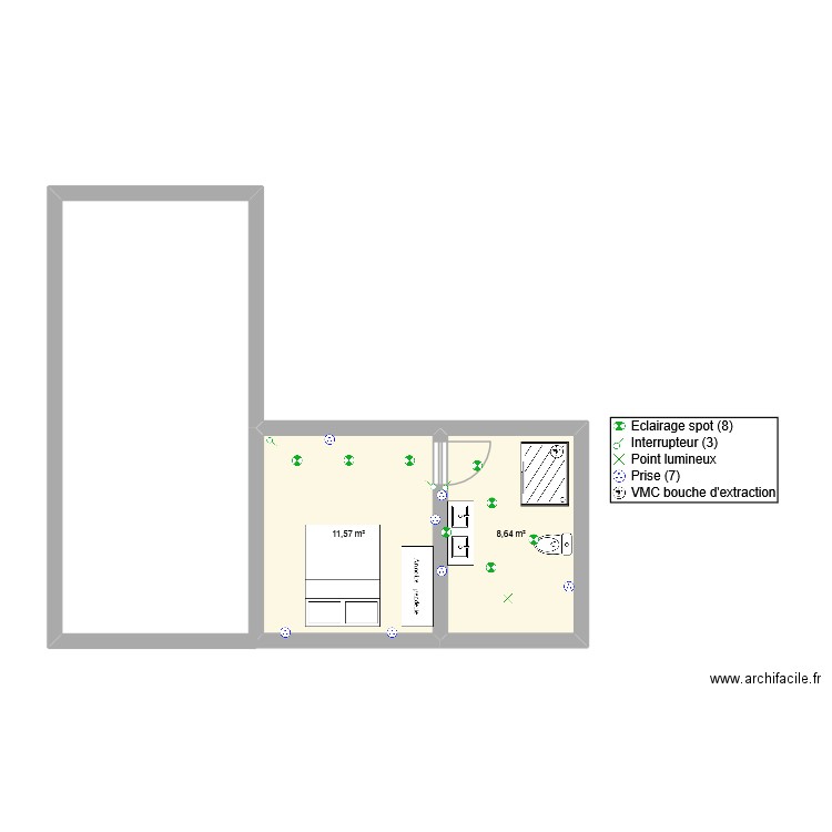 SDB + chambre. Plan de 2 pièces et 20 m2