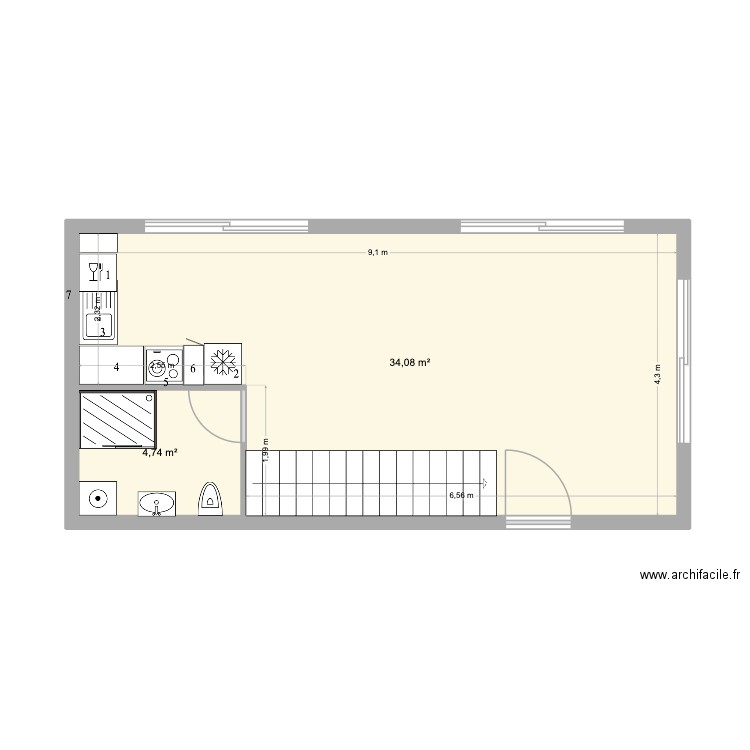 Cuisine_V1. Plan de 2 pièces et 39 m2