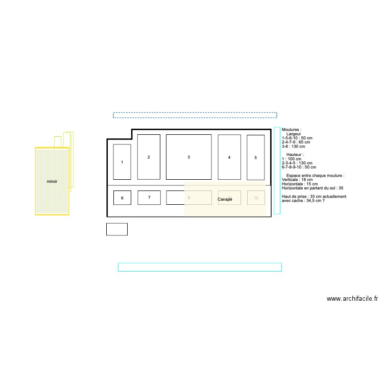 MOULURES N°9 - Modèle mur salle canapé . Plan de 1 pièce et 12 m2