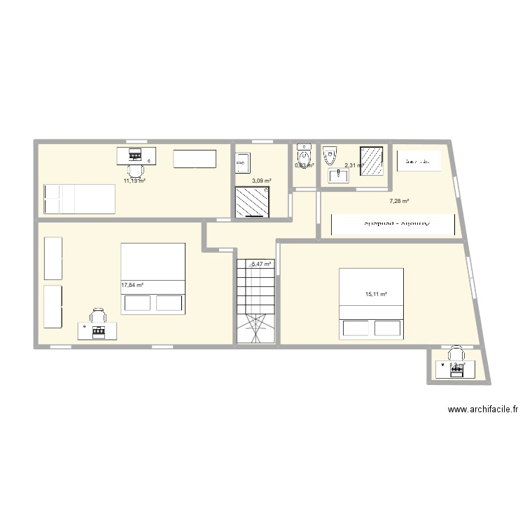 1er etage. Plan de 9 pièces et 64 m2