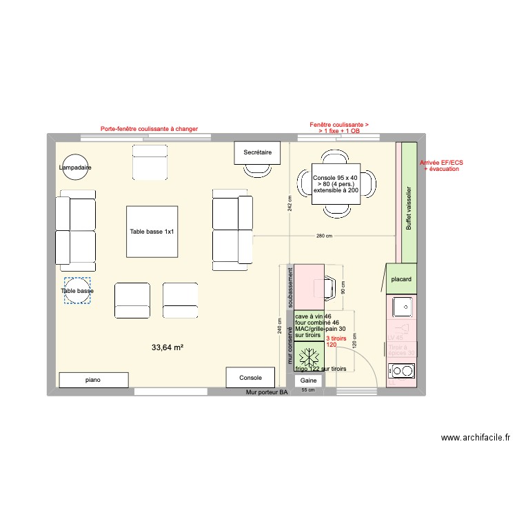Cuisine arclinea plan 180 fermé. Plan de 2 pièces et 34 m2
