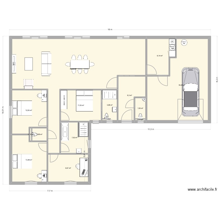 PP en L. Plan de 14 pièces et 177 m2