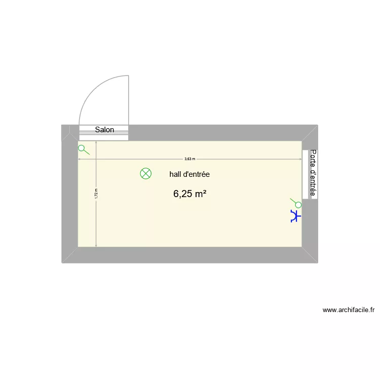 hall d'entr&eacute;e point d'&eacute;lectricit&eacute;. Plan de 1  et 6 m²