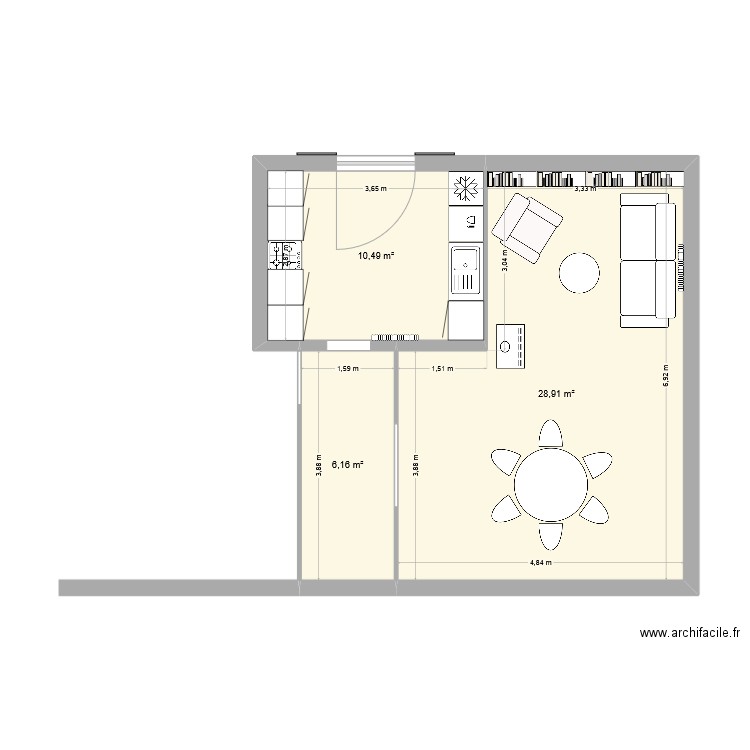 cuisine. Plan de 3 pièces et 46 m2