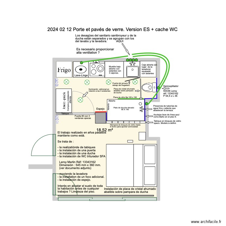 2024 02 29 avec porte et bloc de verre Version ES +Cache wc. Plan de 0 pièce et 0 m2