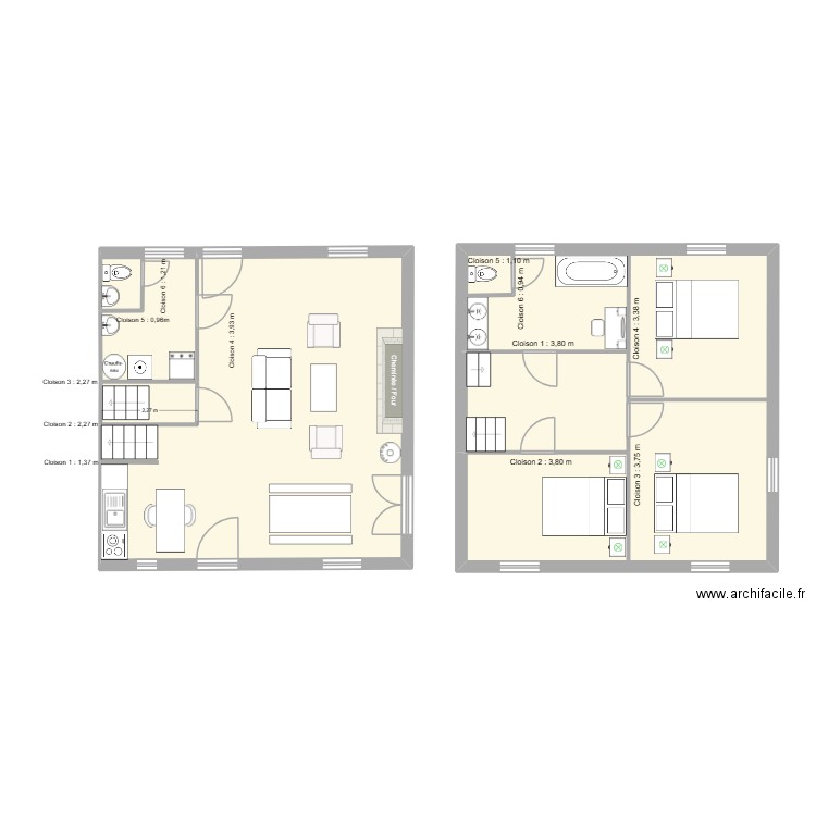 Cloisons. Plan de 5 pièces et 100 m2