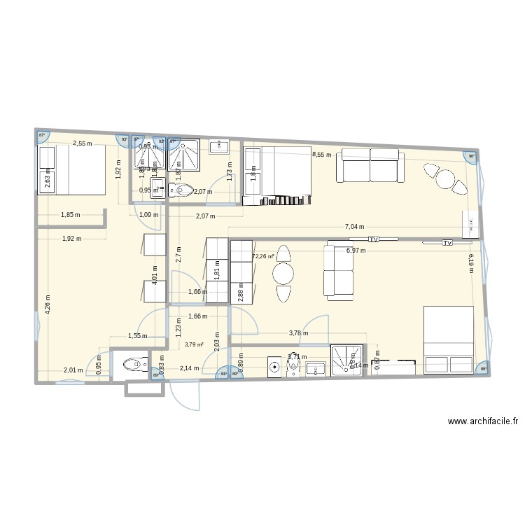 3ème. Plan de 3 pièces et 78 m2