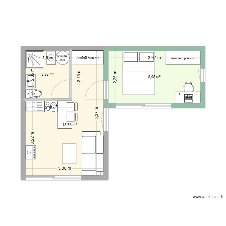 Projet 1 dalle existante + chambre. Plan de 3 pièces et 27 m2