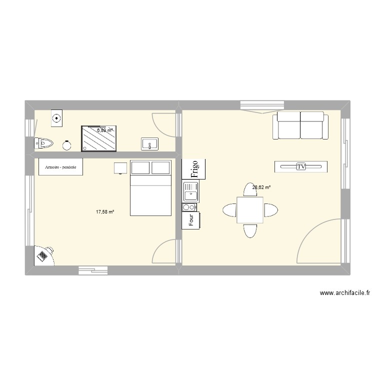 1 appart hlga. Plan de 3 pièces et 53 m2