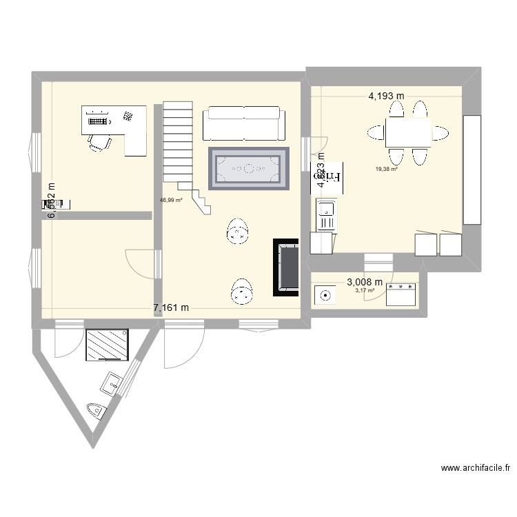 COLIGNY RDC. Plan de 3 pièces et 70 m2