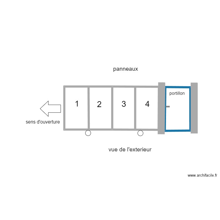 portail 4 panneaux et portillon. Plan de 2 pièces et 6 m2