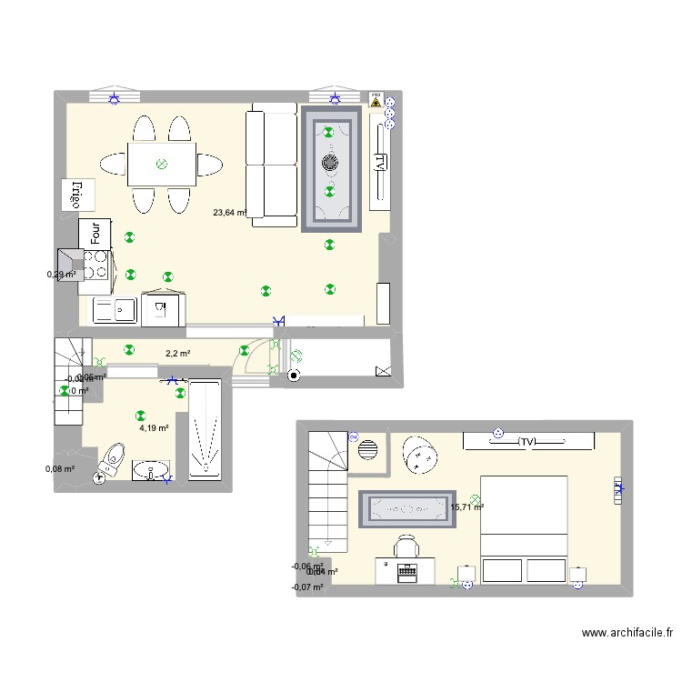 Carca. Plan de 13 pièces et 46 m2