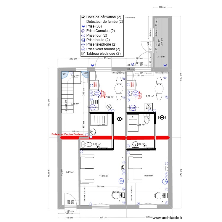 immeuble1 RDC Elec V1 2 studios. Plan de 11 pièces et 64 m2