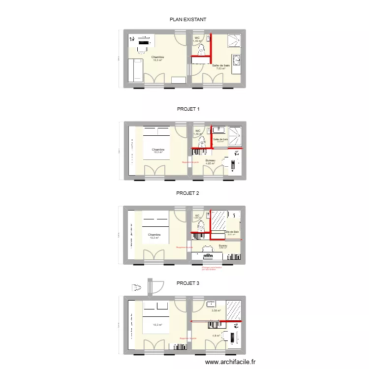 Projet Ch + SDB bas. Plan de 14 et 75 m² Projet Ch + SDB bas. Plan de 14 et 75 m²