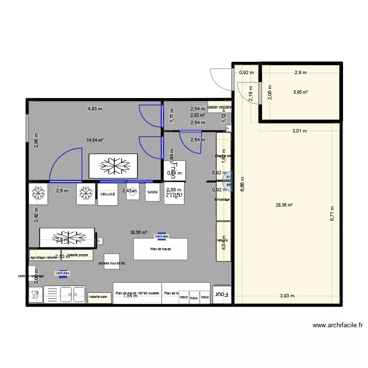Labo glace. Plan de 5  et 90 m²