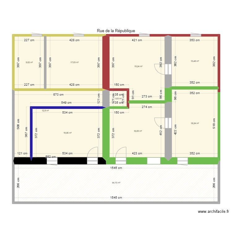 173 République R+2 réno light. Plan de 10 pièces et 172 m2