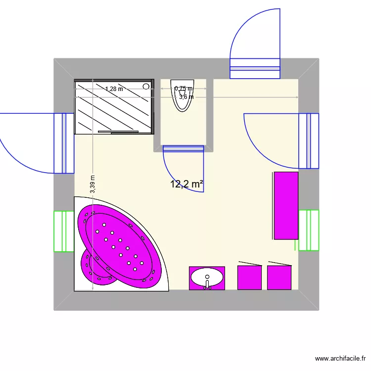 Salle de bain Alixan. Plan de 1  et 12 m²