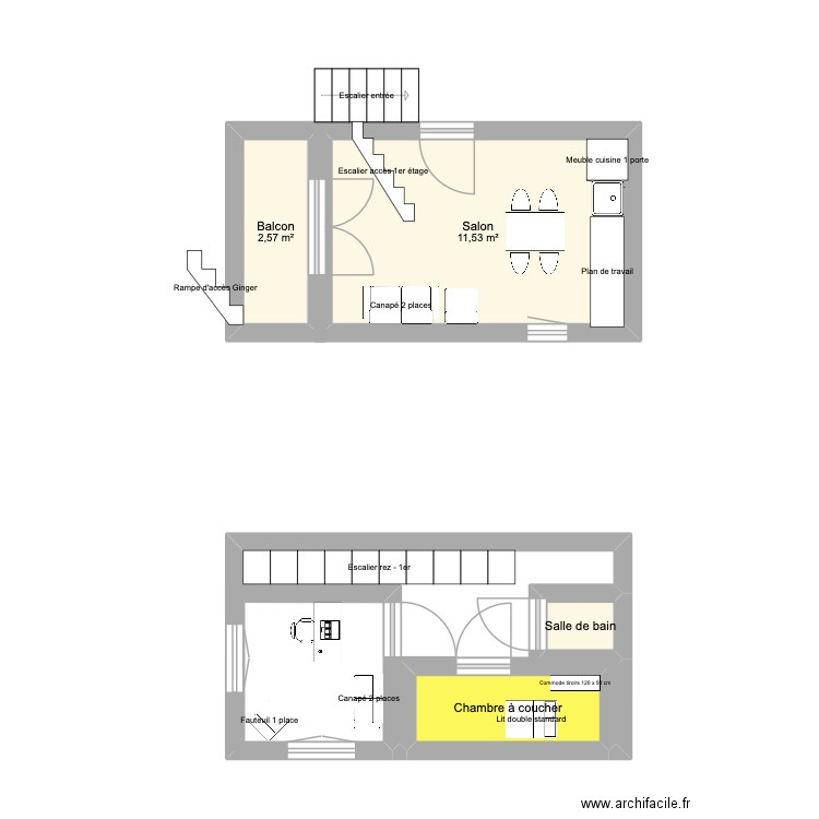Plan Ginger rez de chaussée. Plan de 4 pièces et 17 m2