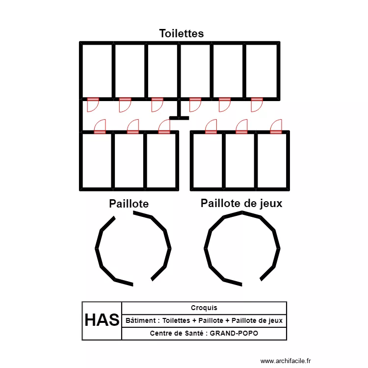 CROQUIS TOILETTES + PAILLOTE + PAILLOTE DE JEUX CSC GRAND-POPO. Plan de 