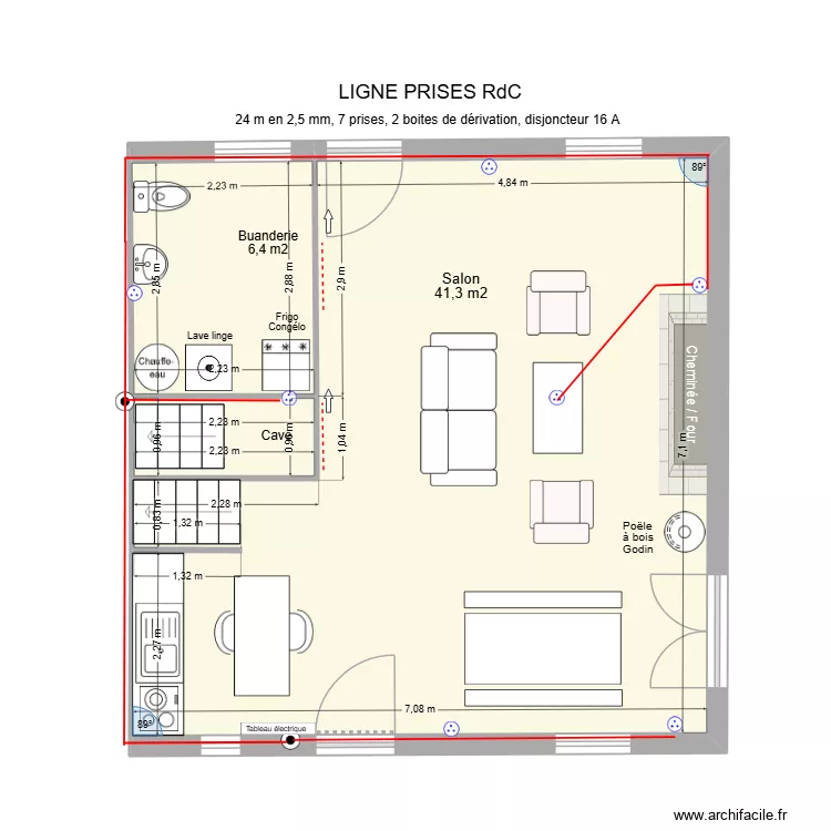 Ligne prises RdC. Plan de 3 pièces et 50 m²