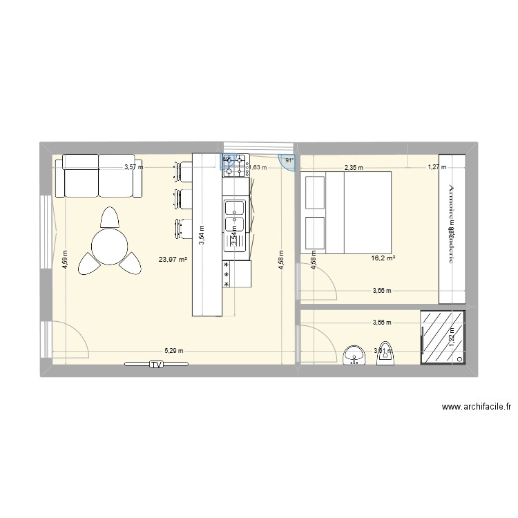Studio. Plan de 2 pièces et 40 m2
