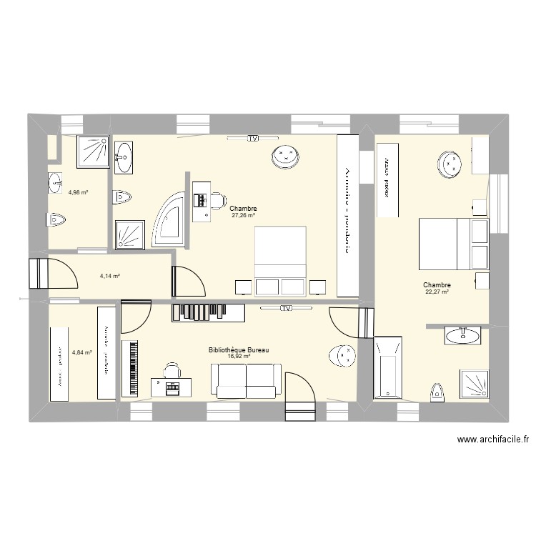 CHAMBRES RDC Aménagées. Plan de 6 pièces et 80 m2