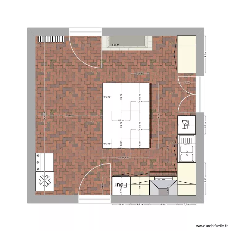 Cuisine en L avec ilot. Plan de 1 Pièce et 26 m²