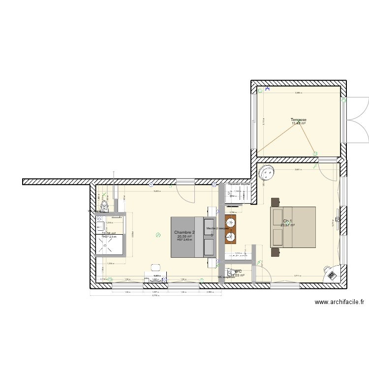RDC Ch1 et Ch 2. Plan de 5 pièces et 59 m2