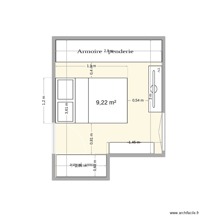 chambre. Plan de 1 pièce et 9 m2