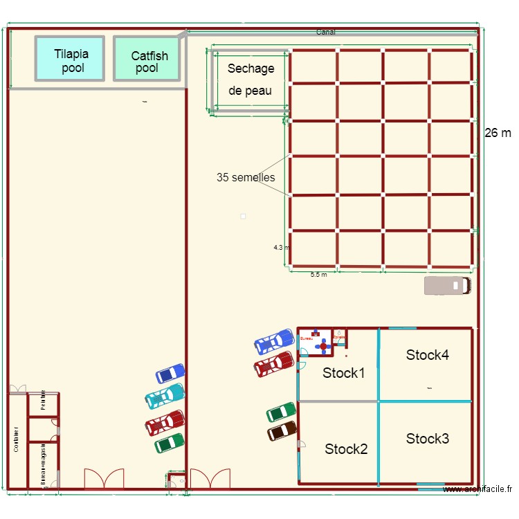 hangar ouest. Plan de 36 pièces et 1205 m2