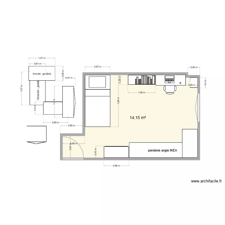 Chambre Bastian. Plan de 1  et 14 m²