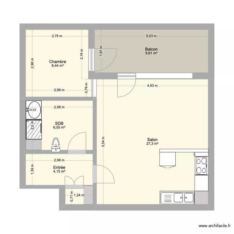 Appart2. Plan de 6  et 57 m²