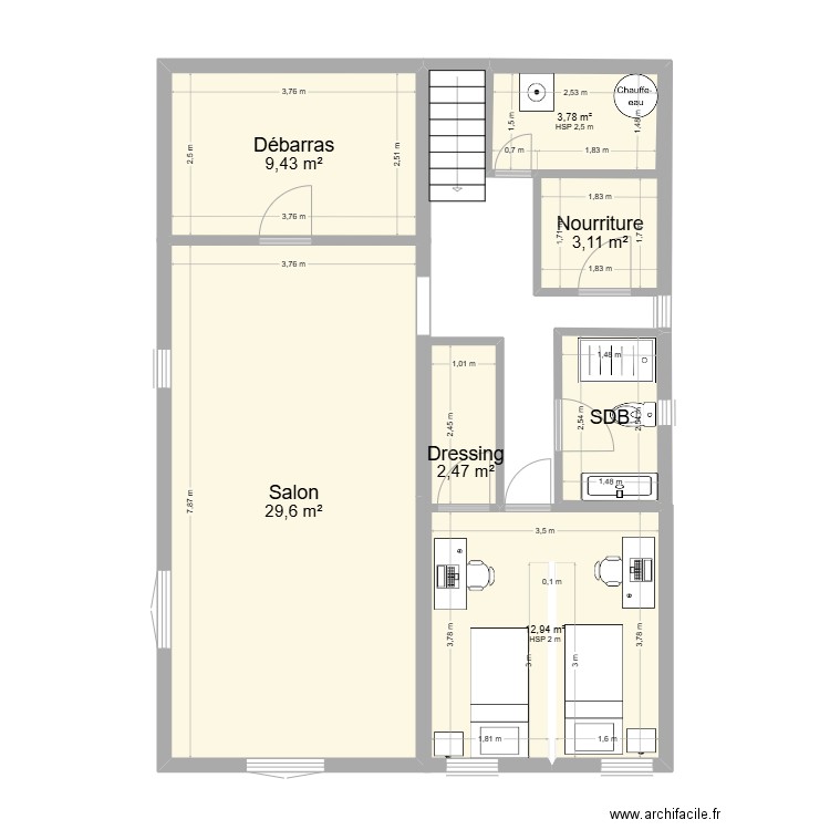 Sous Sol 2. Plan de 7 pièces et 65 m2
