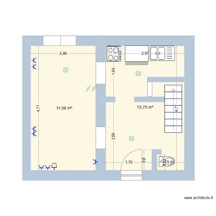 rez de chaussée implantation. Plan de 2 pièces et 25 m2