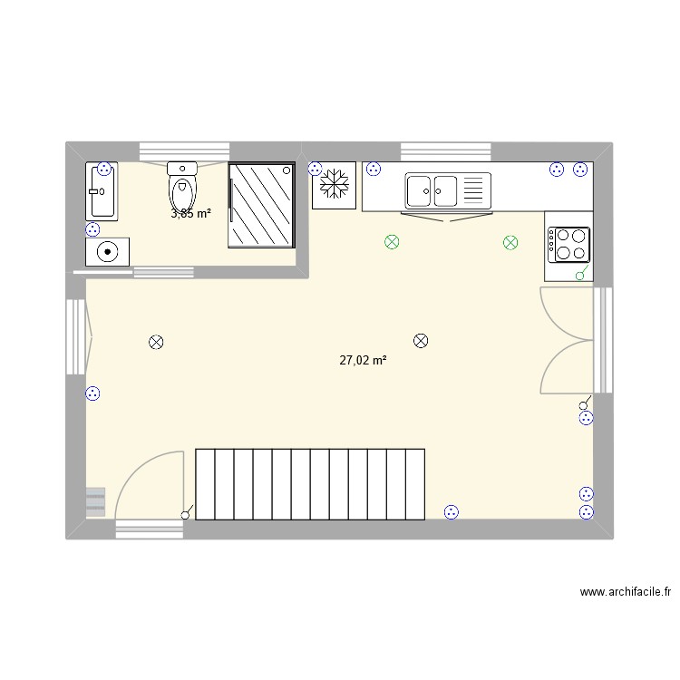 rez de chaussee. Plan de 2 pièces et 31 m2