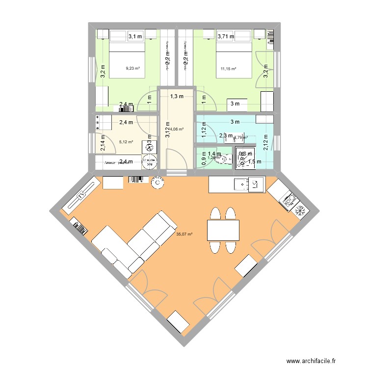 DIAGONALE. Plan de 7 pièces et 71 m2