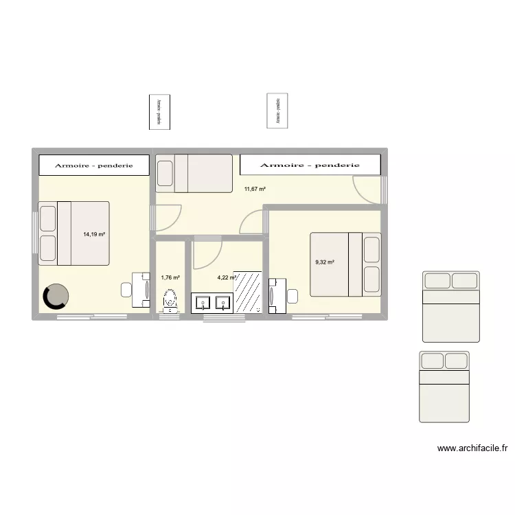 extension 4x10 2ch identiques + 1lit triple adaptation. Plan de 5 Pièces et 41 m²
