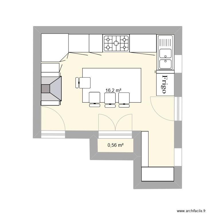 Cuisine Néons. Plan de 2 pièces et 17 m2