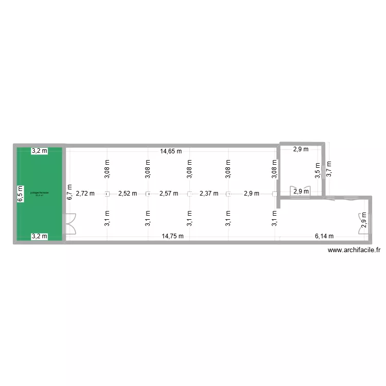salle. Plan de 1  et 21 m²