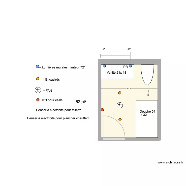 salle de bain. Plan de 1  et 6 m²