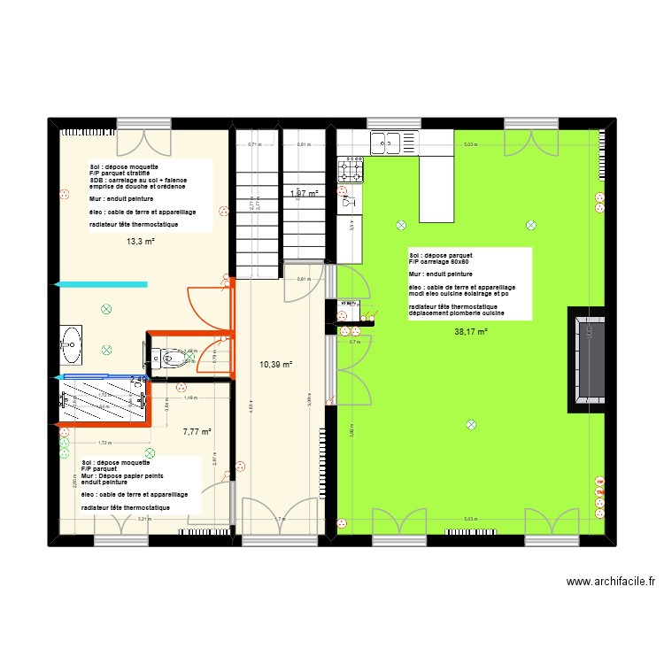 Carpentier - v2 rdc projeté. Plan de 6 pièces et 74 m2
