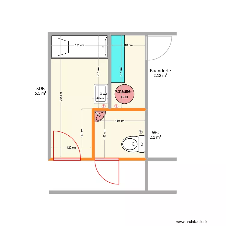 Giraud - WC projet. Plan de 3  et 10 m²