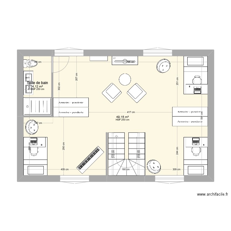 Niveau R+1 - Modifié deuxième idée bis. Plan de 2 pièces et 53 m2