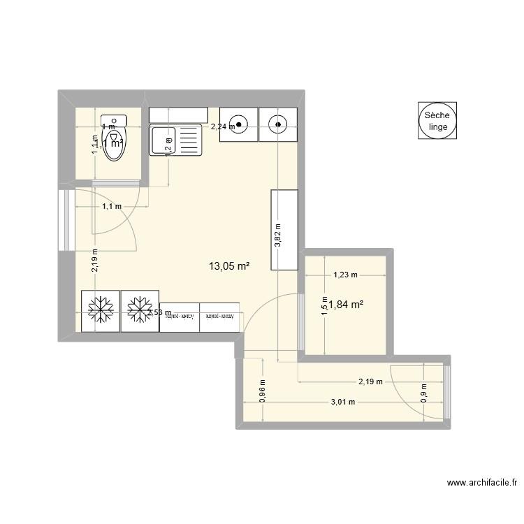 buanderie test 1. Plan de 3 pièces et 16 m2