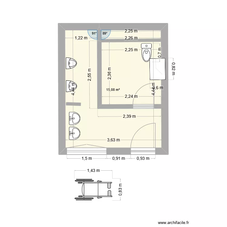 WC ERP ASSOS. Plan de 1  et 15 m²