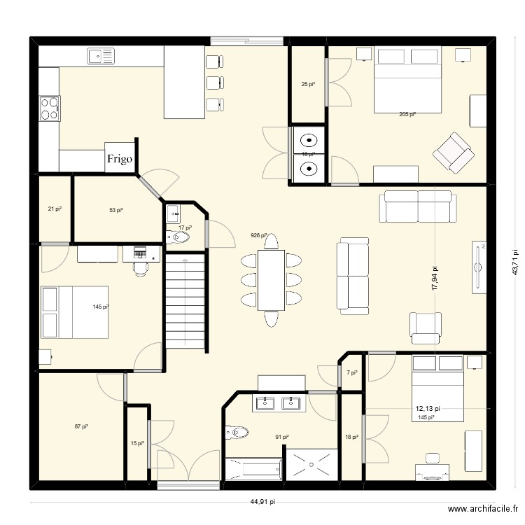 plan inversé. Plan de 14 pièces et 165 m2