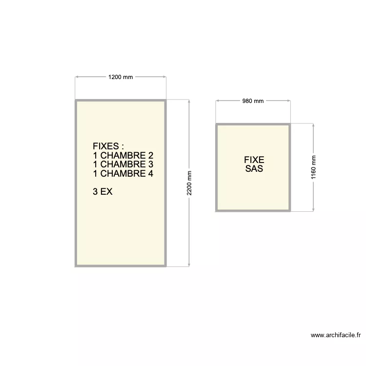 FIXES SAS ET CHAMBRES 2, 3 ET 4. Plan de 2  et 4 m²