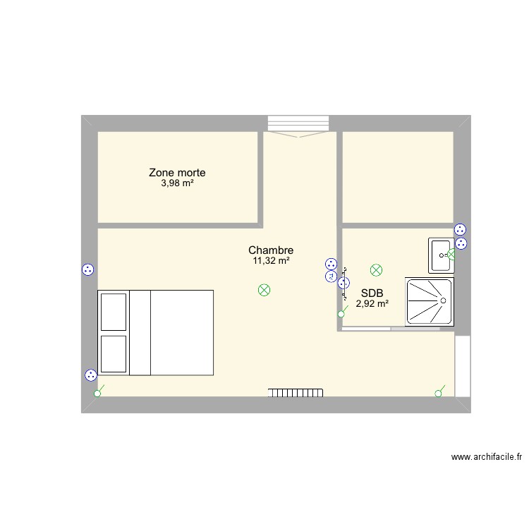 Plan CH et SDB. Plan de 3 pièces et 32 m2