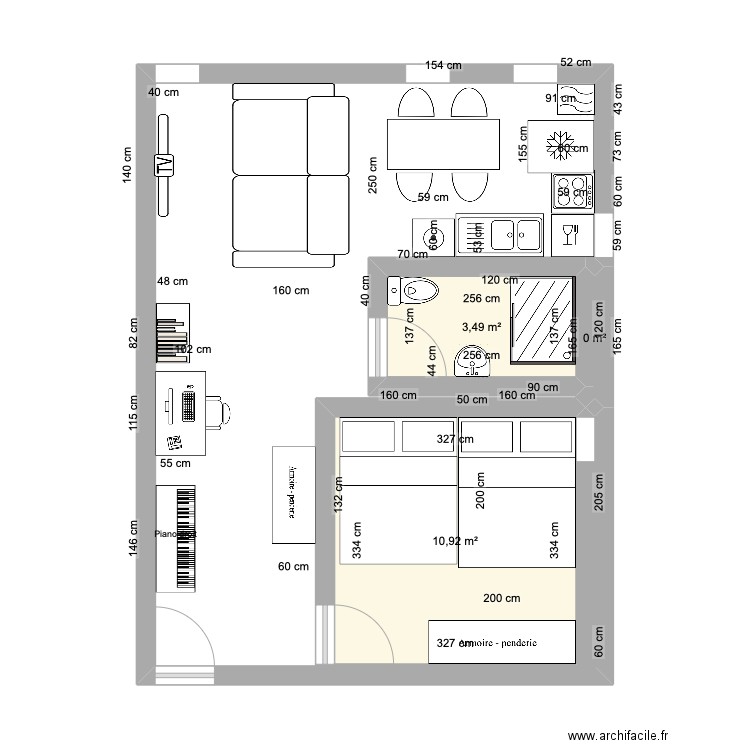 recherche location. Plan de 3 pièces et 14 m2